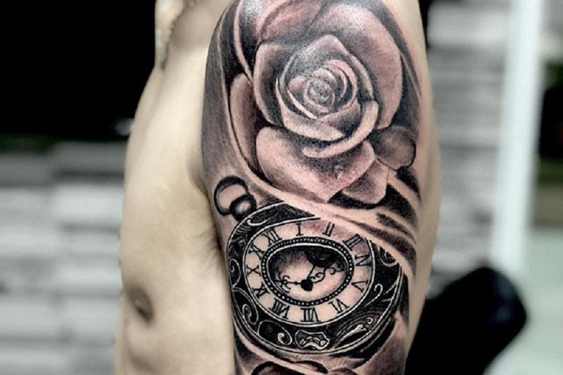 Tattoo hoa hồng đen và đồng hồ