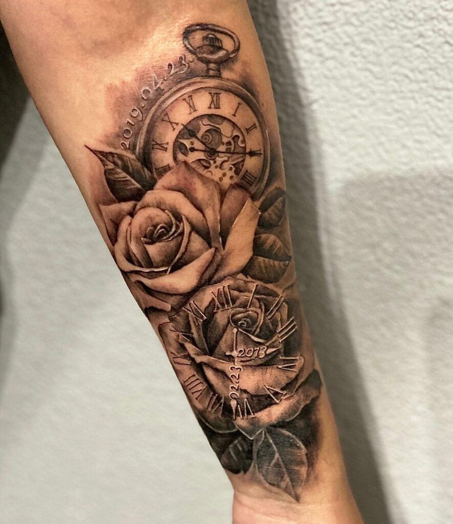 Rose and Clock Tattoo with Roman Numerals