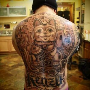 Hình xăm mèo thần tài cá chép kín lưng, nửa lưng | Tattoo