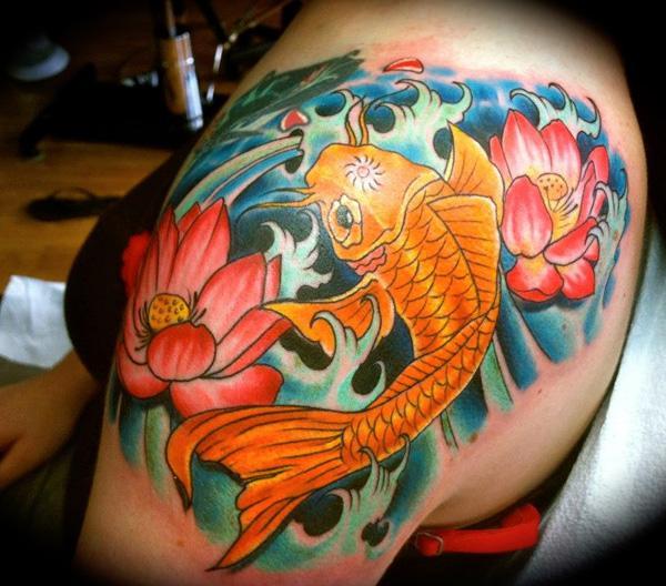 Colorful fish and lotus tattoo